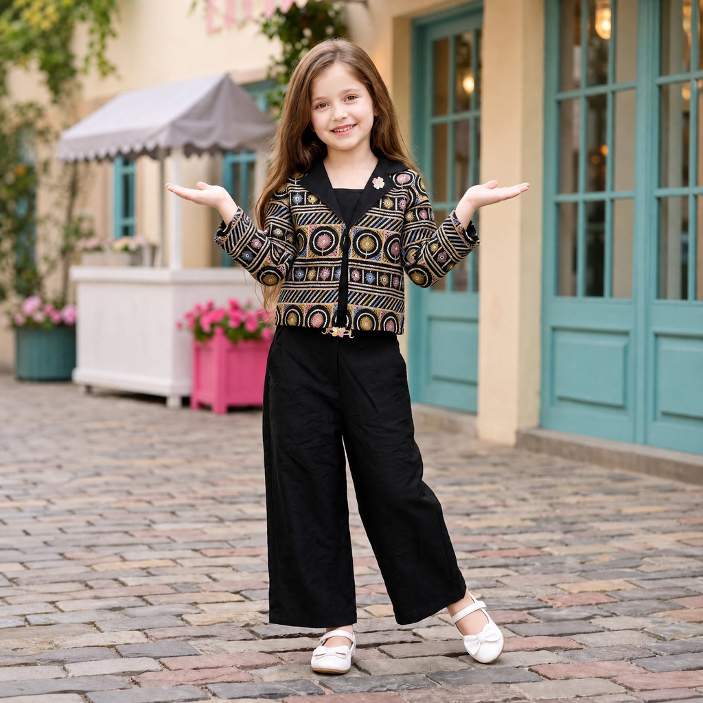 ANGEL,S-Girls Black Embroidered Open-Front Jacket & Wide-Leg Pants Set