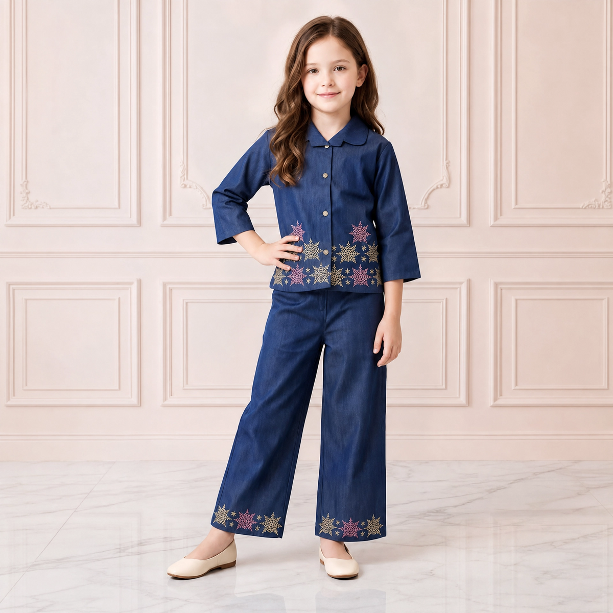 ANGEL,S-Girls Navy Blue Denim Shirt & Trousers Co-Ord Set