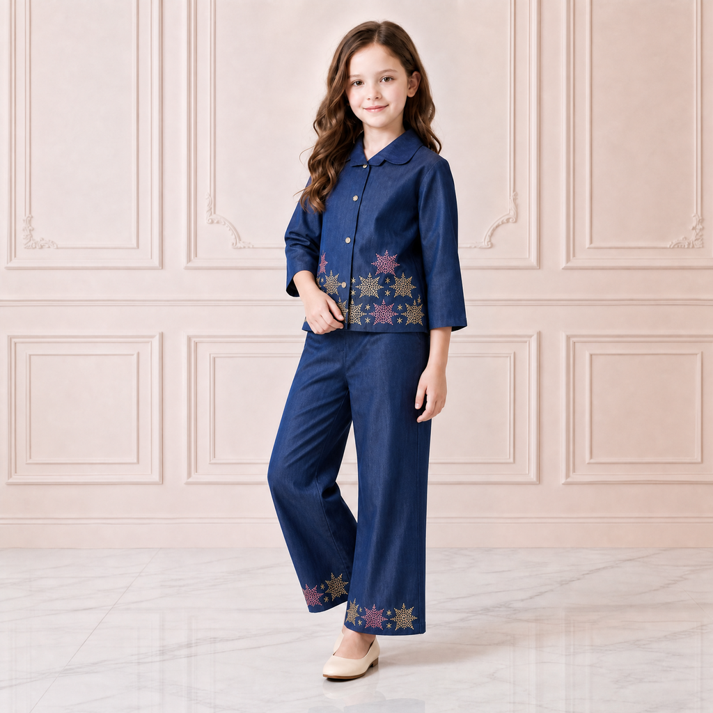ANGEL,S-Girls Navy Blue Denim Shirt & Trousers Co-Ord Set
