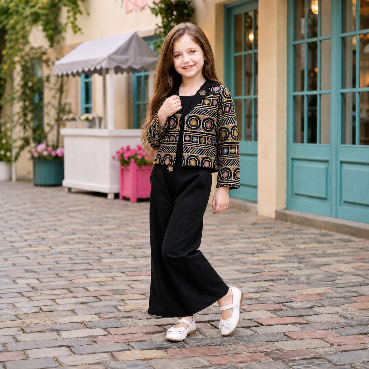 ANGEL,S-Girls Black Embroidered Open-Front Jacket & Wide-Leg Pants Set