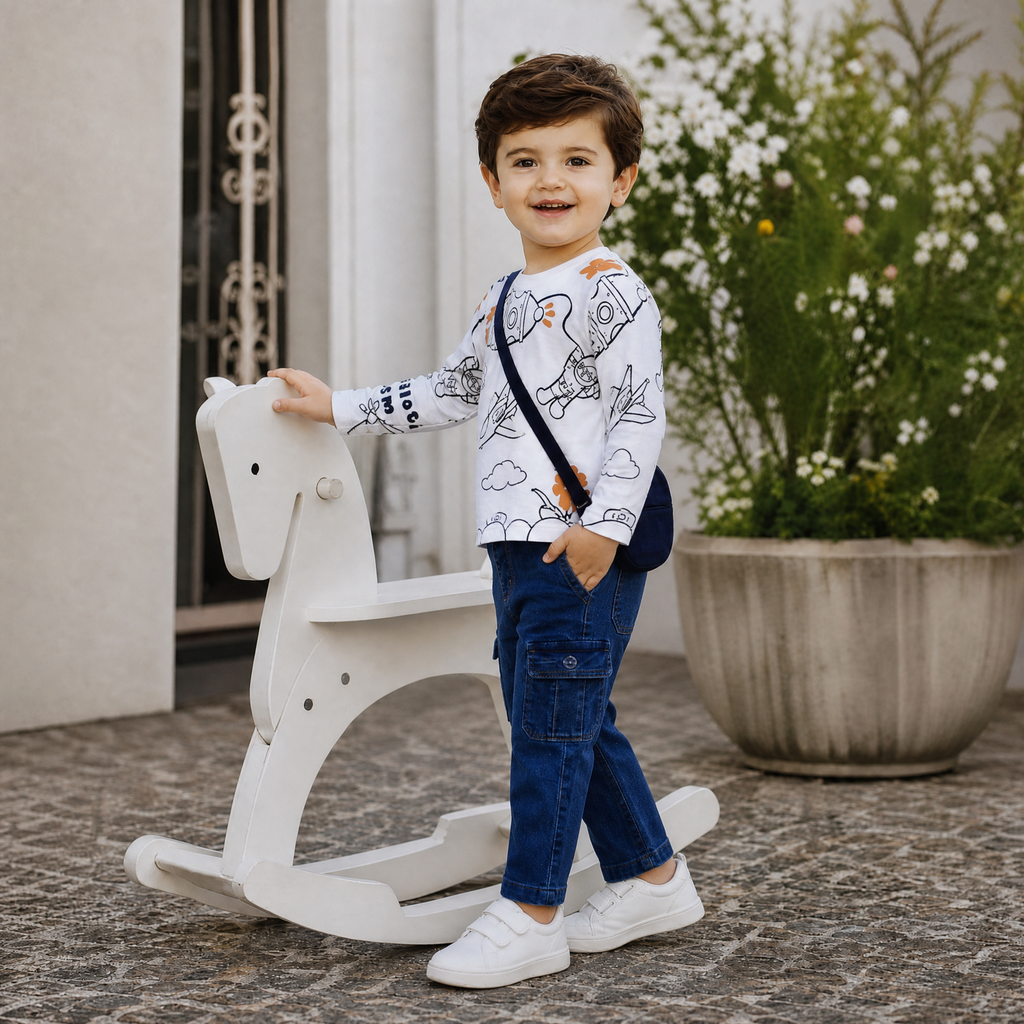 CHOO-CHOO-Kids White Graphic Top & Dark Blue Trousers Co-Ord Set