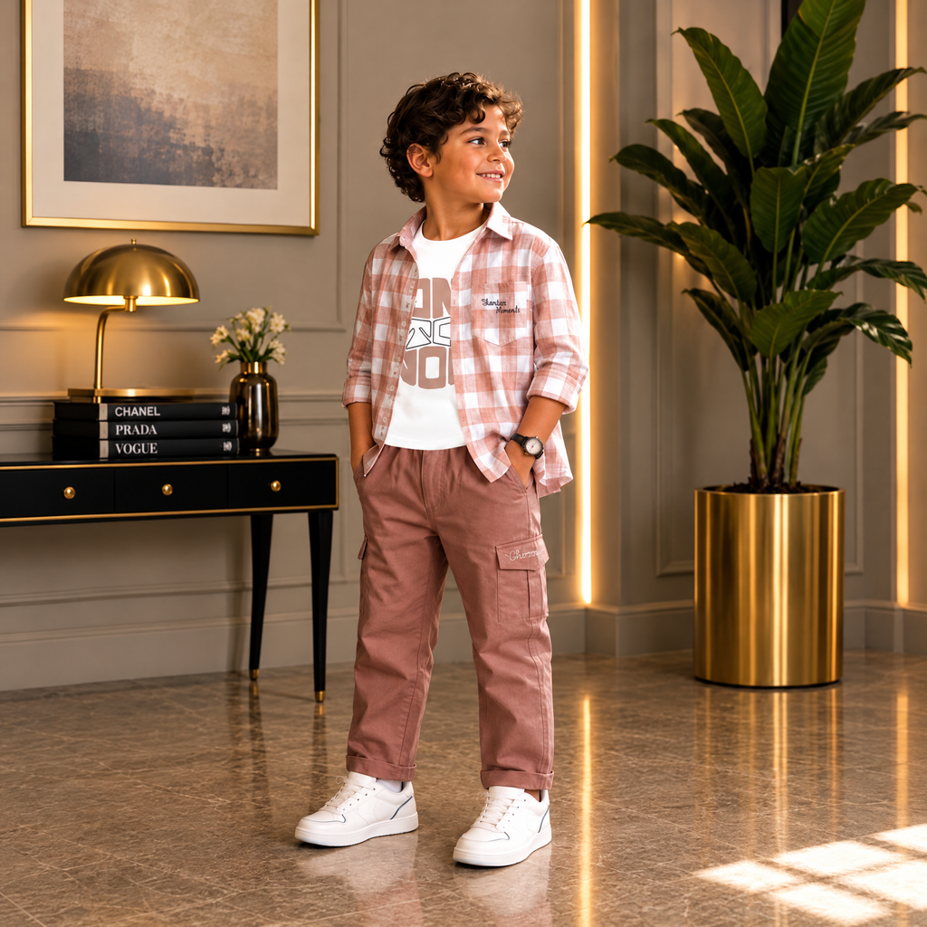 WHITE ALMOND-Child's Checked Casual Outfit Set