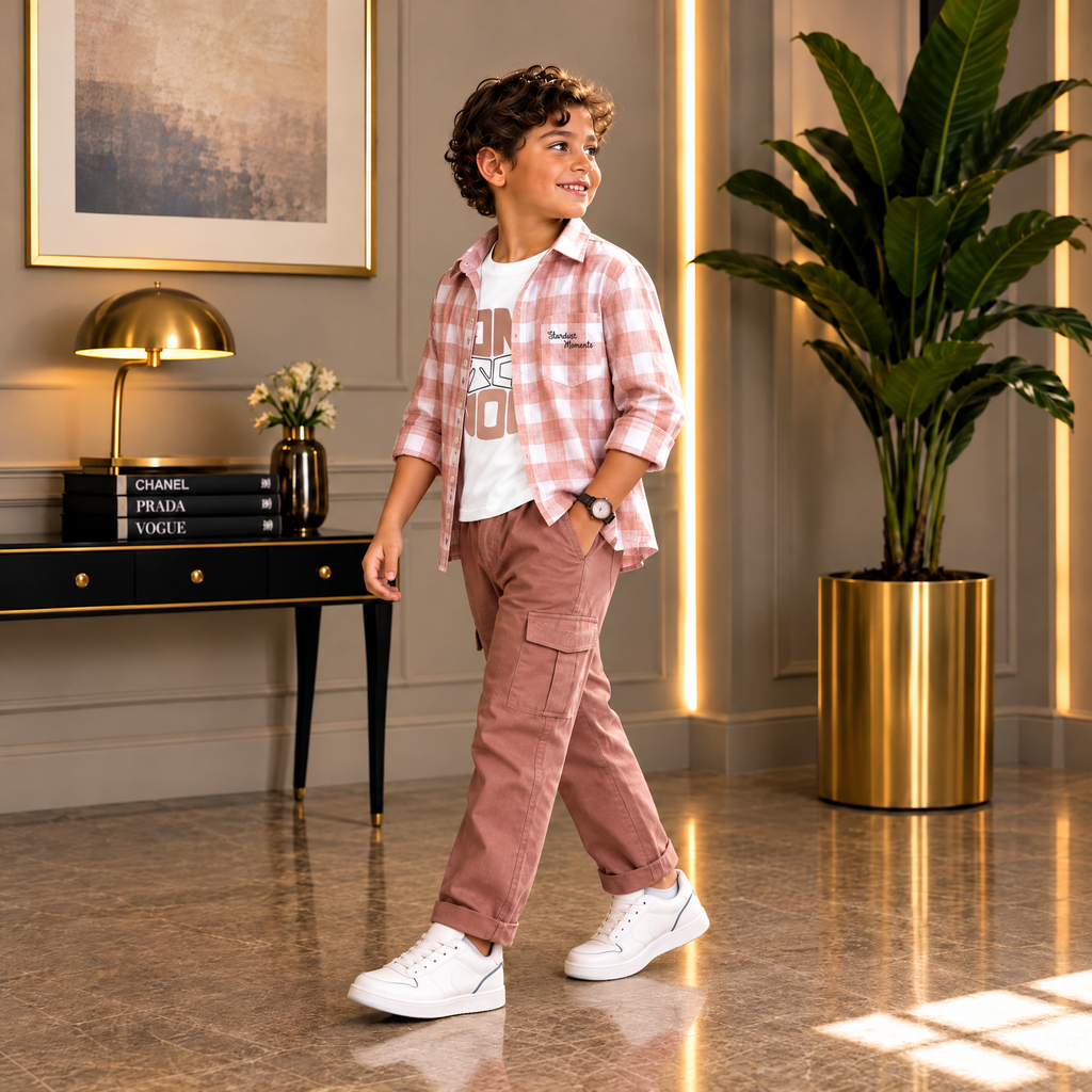 WHITE ALMOND-Child's Checked Casual Outfit Set