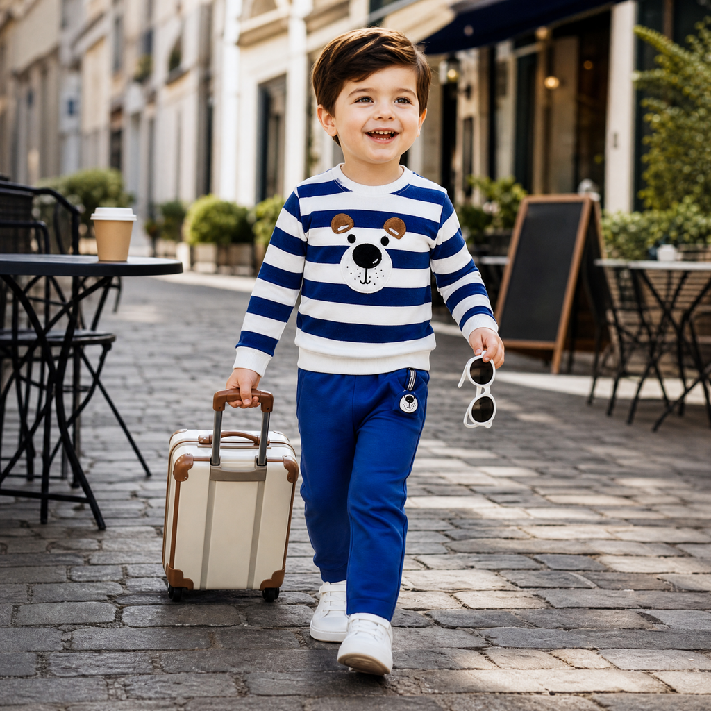 CHOO-CHOO-Kids Blue Striped Crewneck Top & Royal Blue Trousers Outfit Set