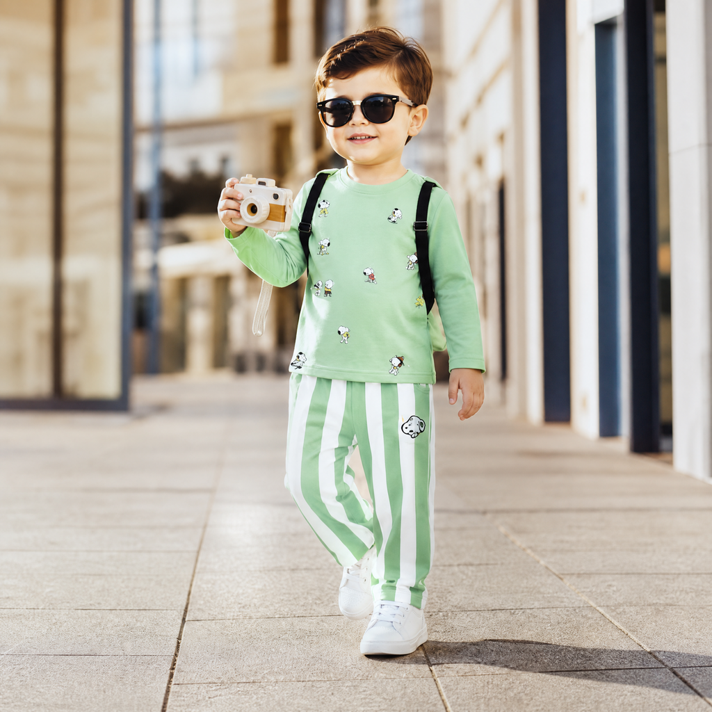 CHOO-CHOO-Kids Sage Green Vertical Striped Co-Ord Outfit Set