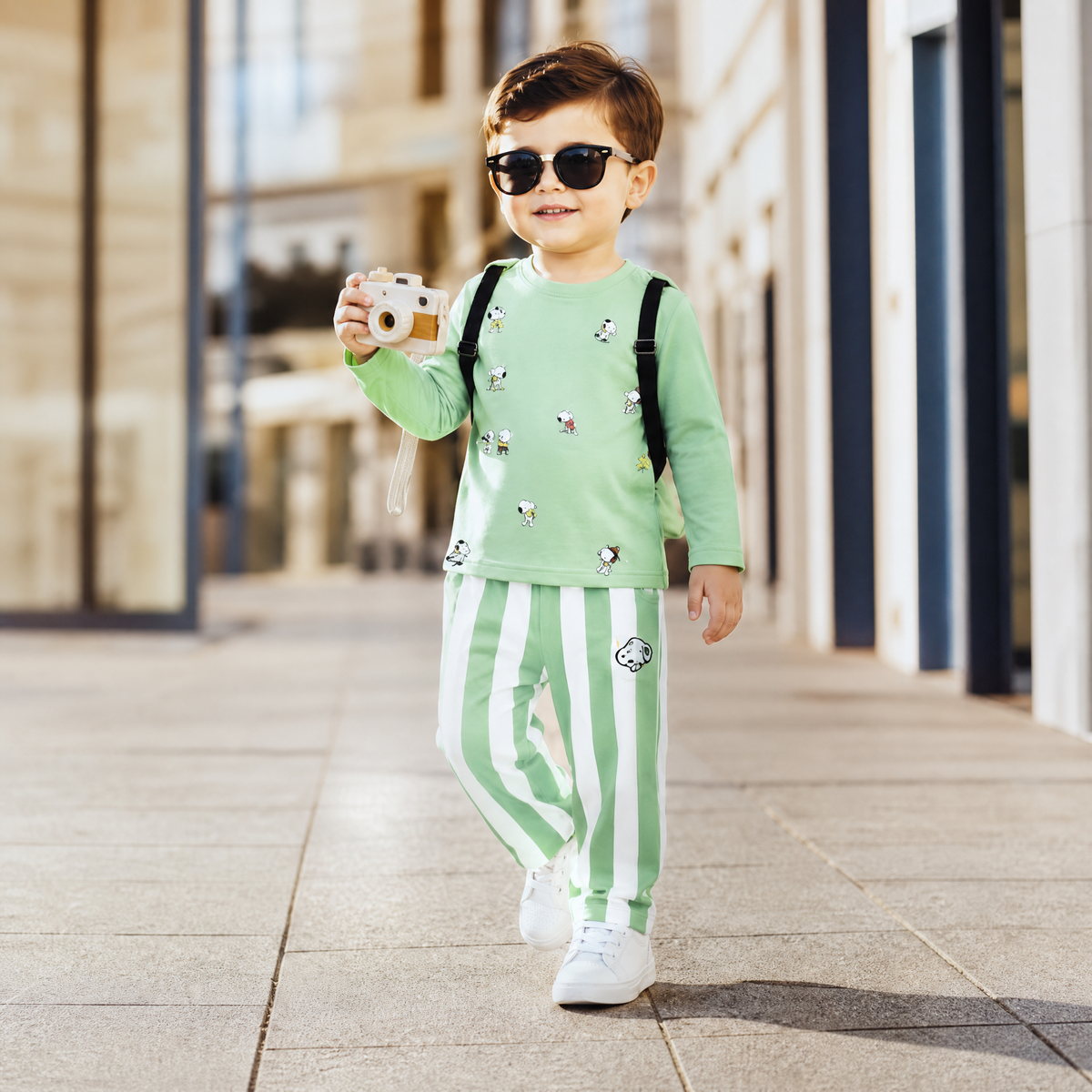 CHOO-CHOO-Kids Sage Green Vertical Striped Co-Ord Outfit Set
