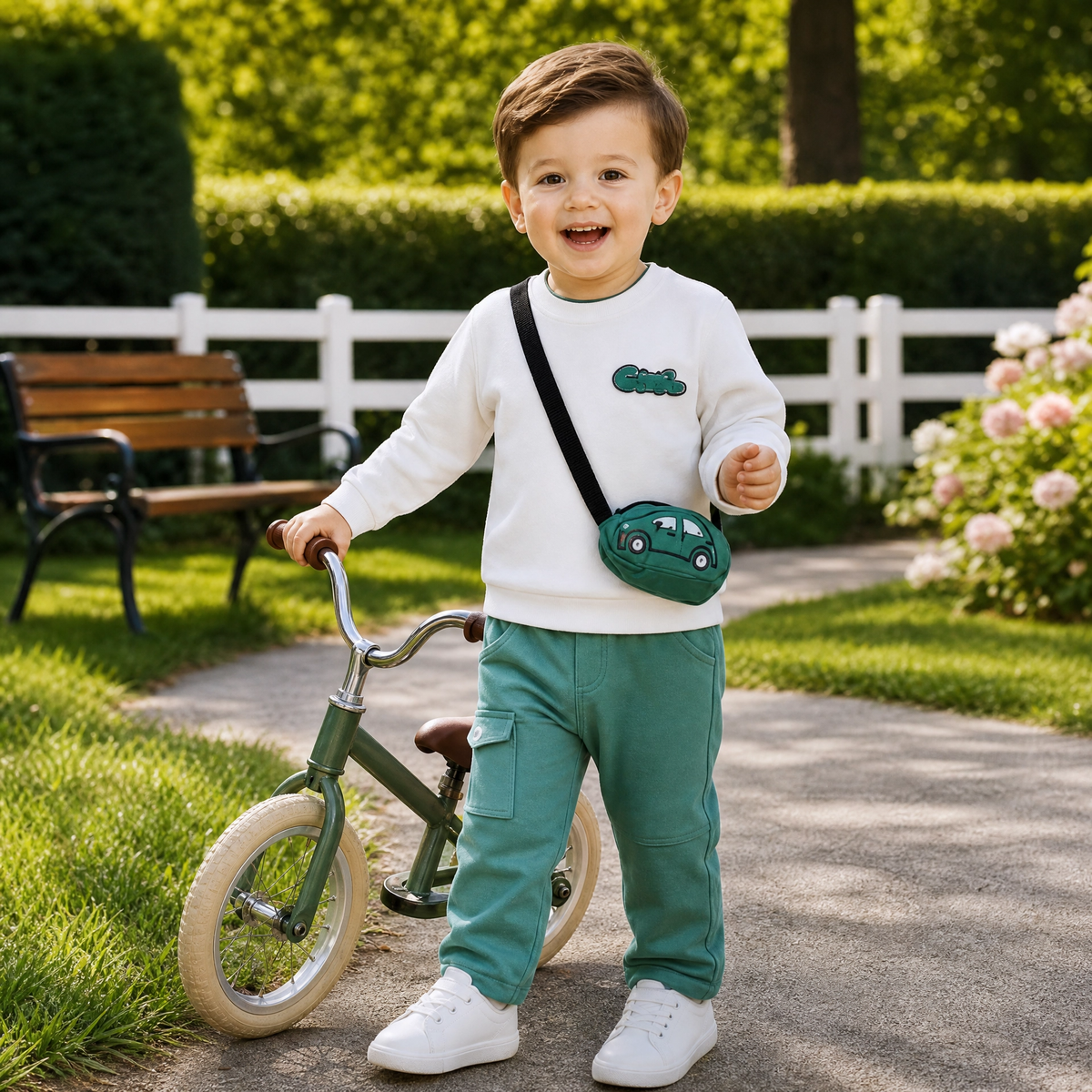 CHOO-CHOO-Kids White Printed Top & Teal Trousers Outfit Set