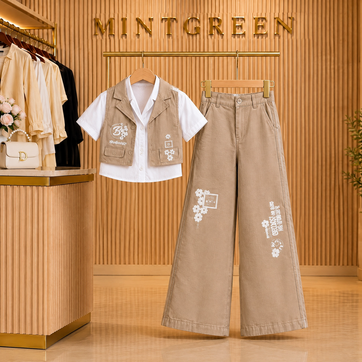 MINTGREEN-Girls Sage Green Floral Embroidered Vest & Pants Set
