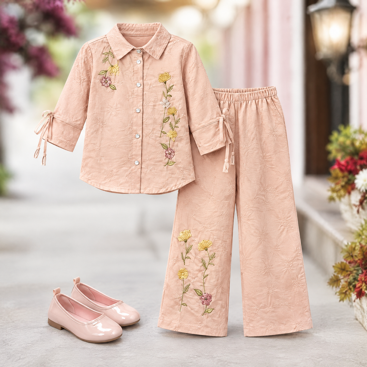 LILLYBELL-Girls Peach Floral Embroidered Jacket & Trouser Set