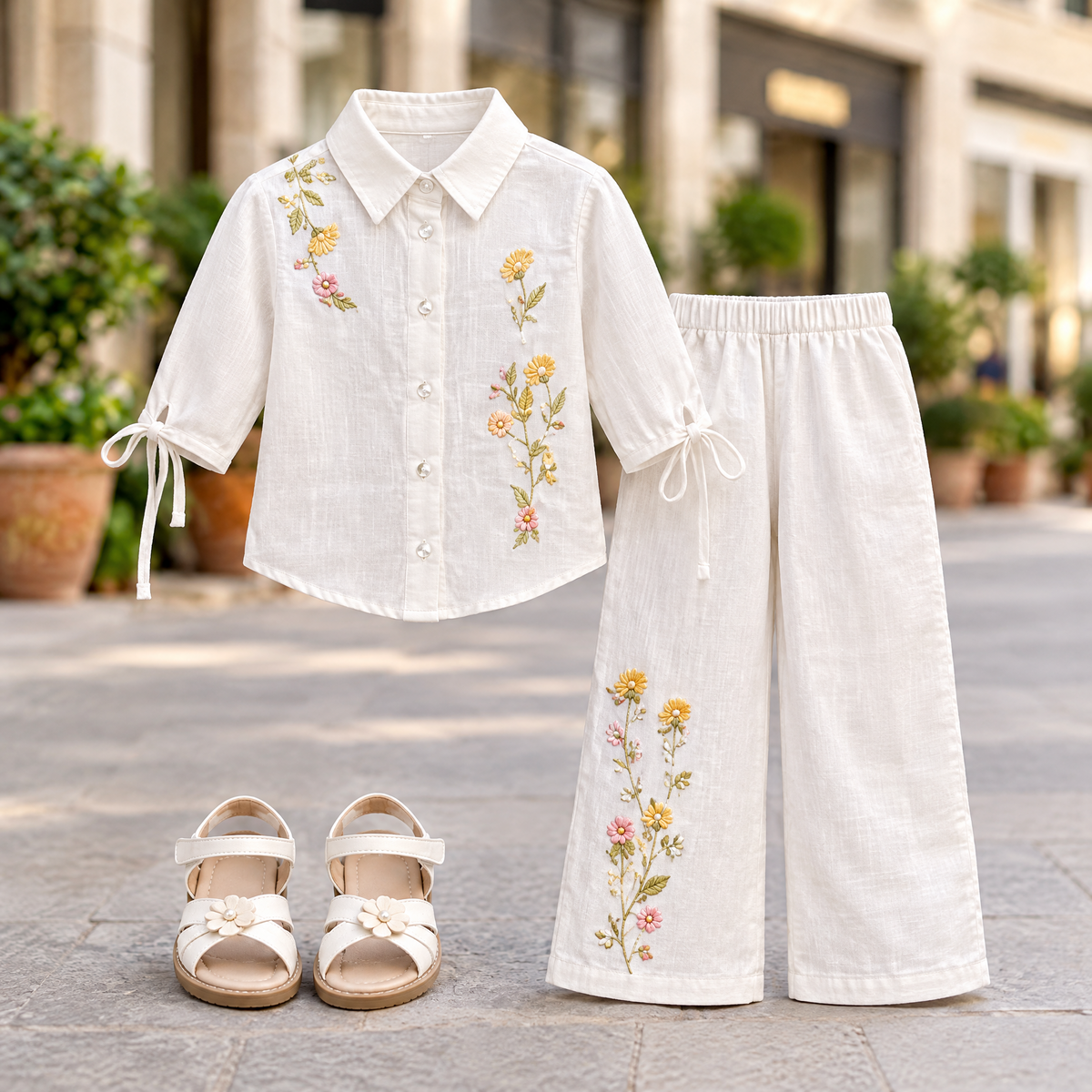 LILLYBELL-Girls Off-White Embroidered Shirt & Trousers Set