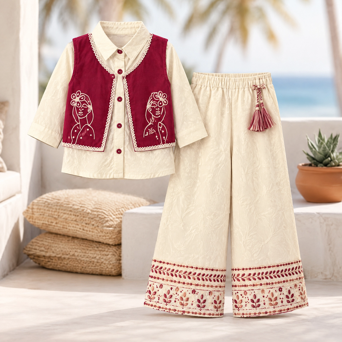 AIR RING-Girls Cream & Maroon Velvet Embroidered Set