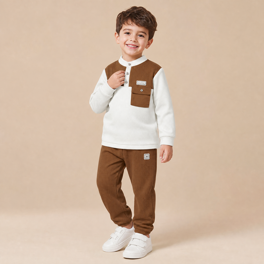 MG.GABBA-Kids Brown Vest & Trousers Co-Ord Set with White Top