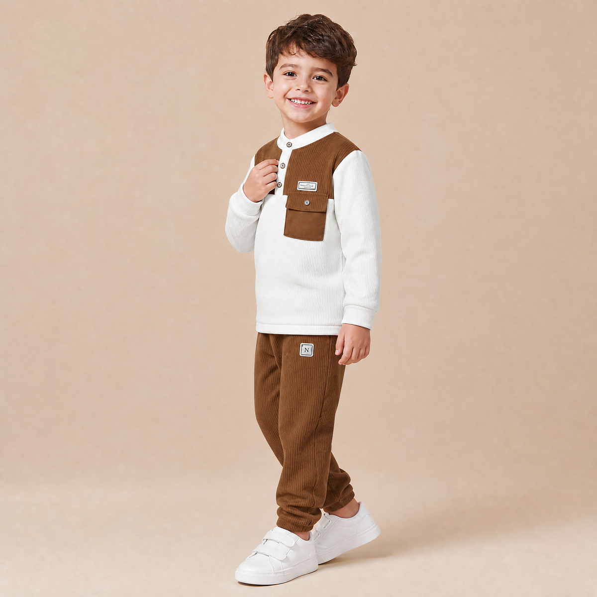 MG.GABBA-Kids Brown Vest & Trousers Co-Ord Set with White Top