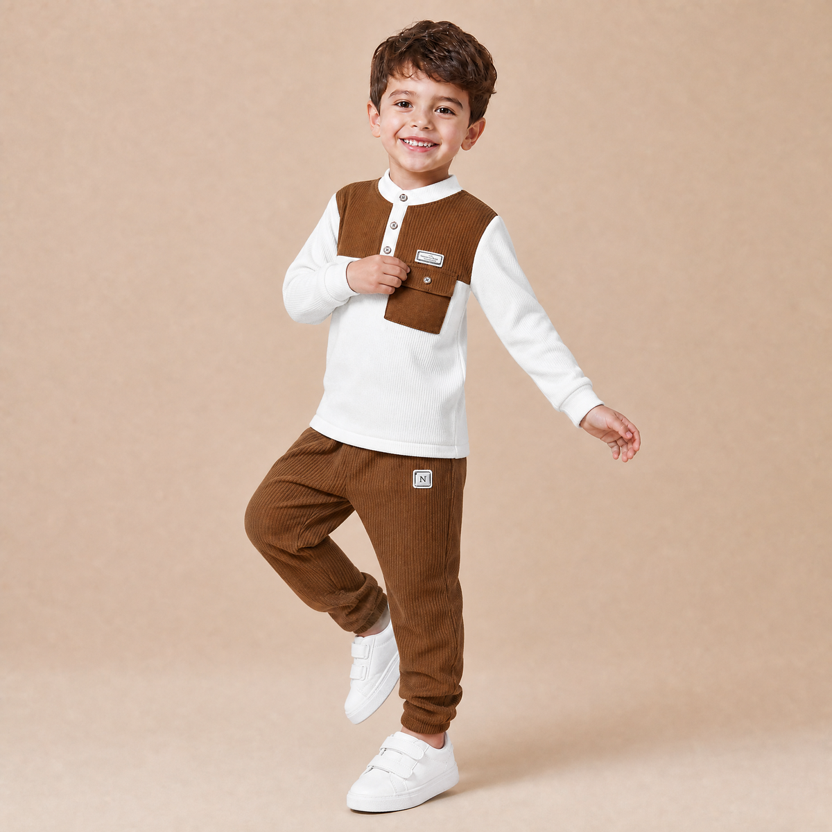 MG.GABBA-Kids Brown Vest & Trousers Co-Ord Set with White Top