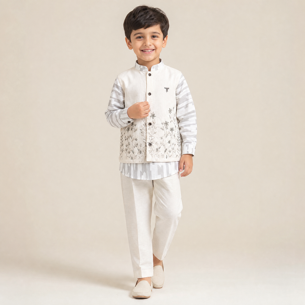 TOP BOYS-Boys Off-White Embroidered Kurta & Trousers Set