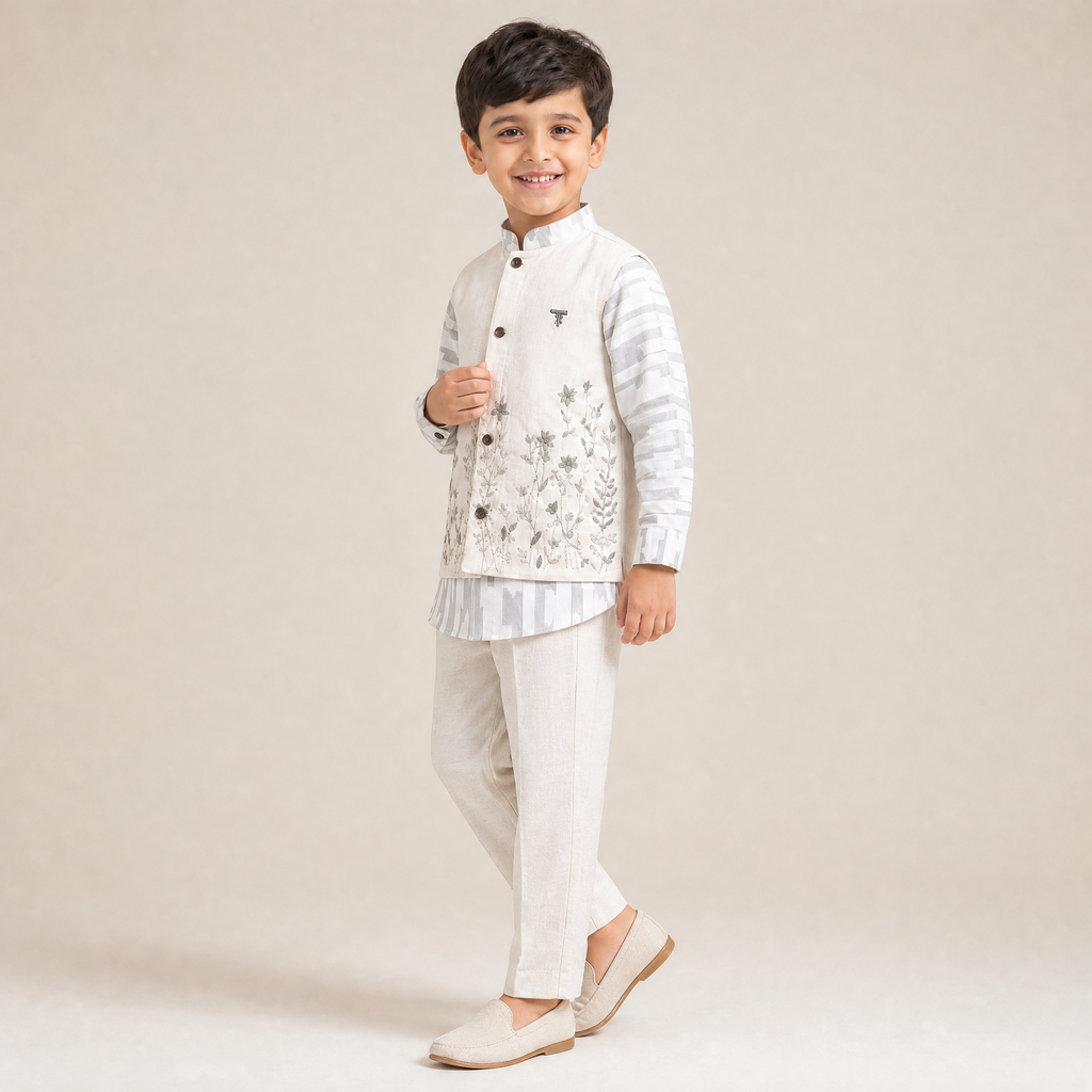 TOP BOYS-Boys Off-White Embroidered Kurta & Trousers Set