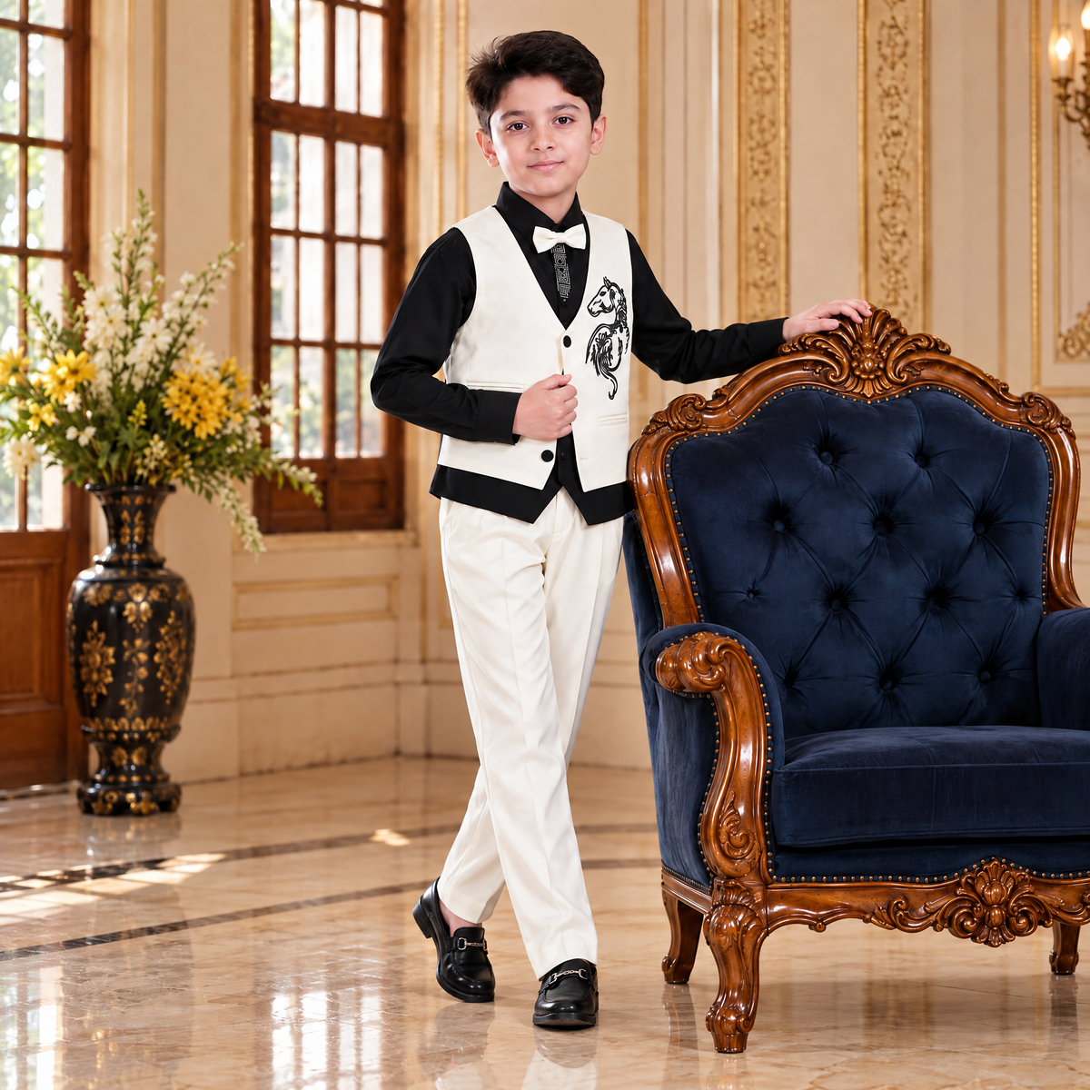 KARROM BOY-Boy's Cream & Black Party Wear Suit Set