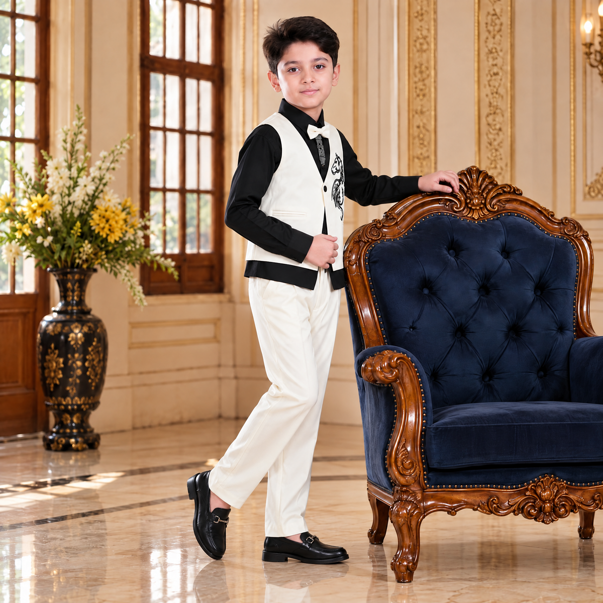 KARROM BOY-Boy's Cream & Black Party Wear Suit Set