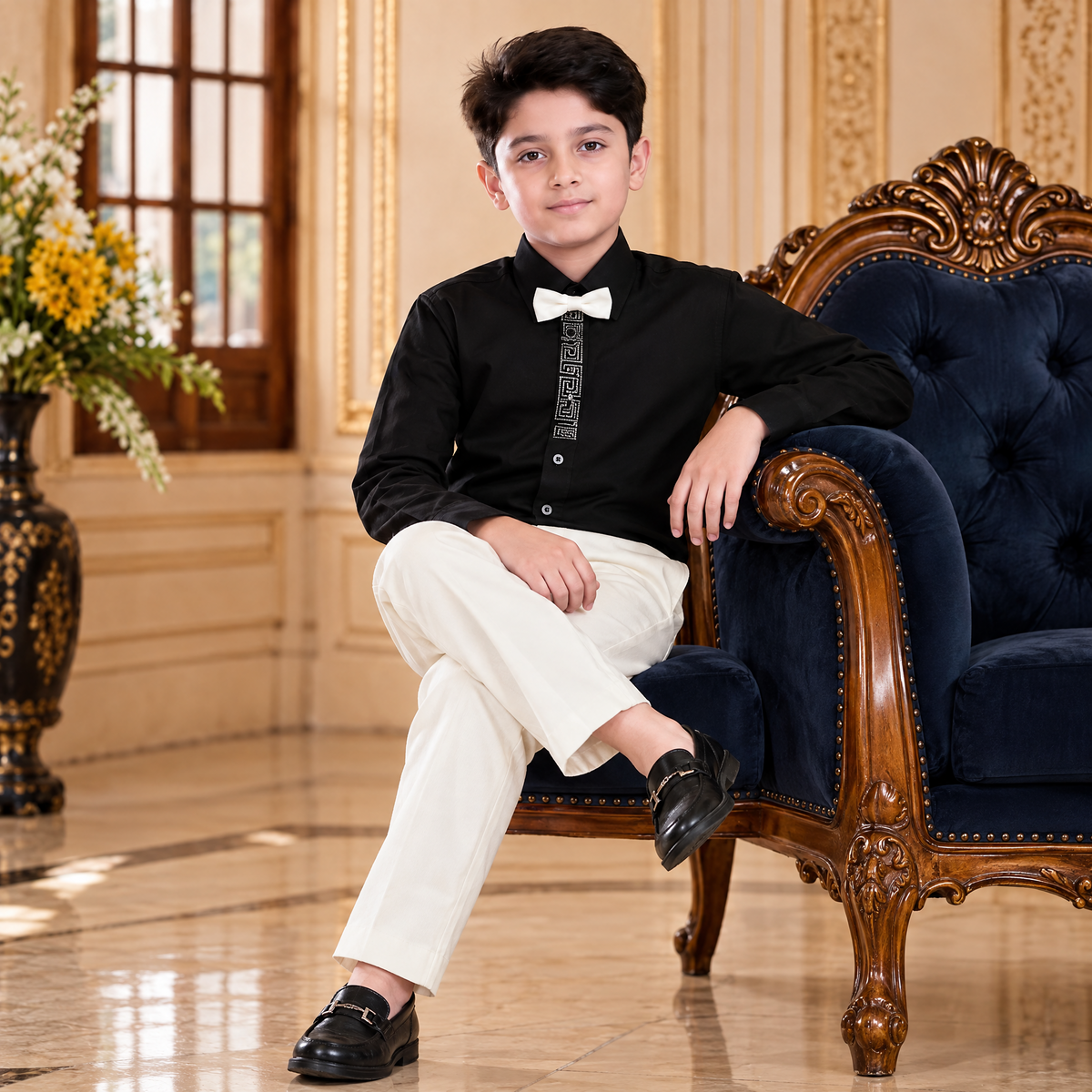 KARROM BOY-Boy's Cream & Black Party Wear Suit Set