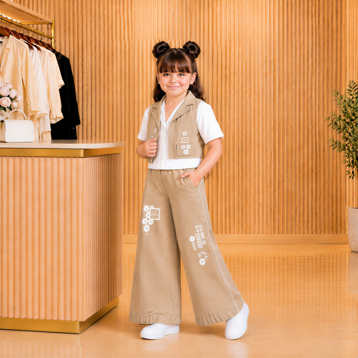 MINTGREEN-Girls Sage Green Floral Embroidered Vest & Pants Set