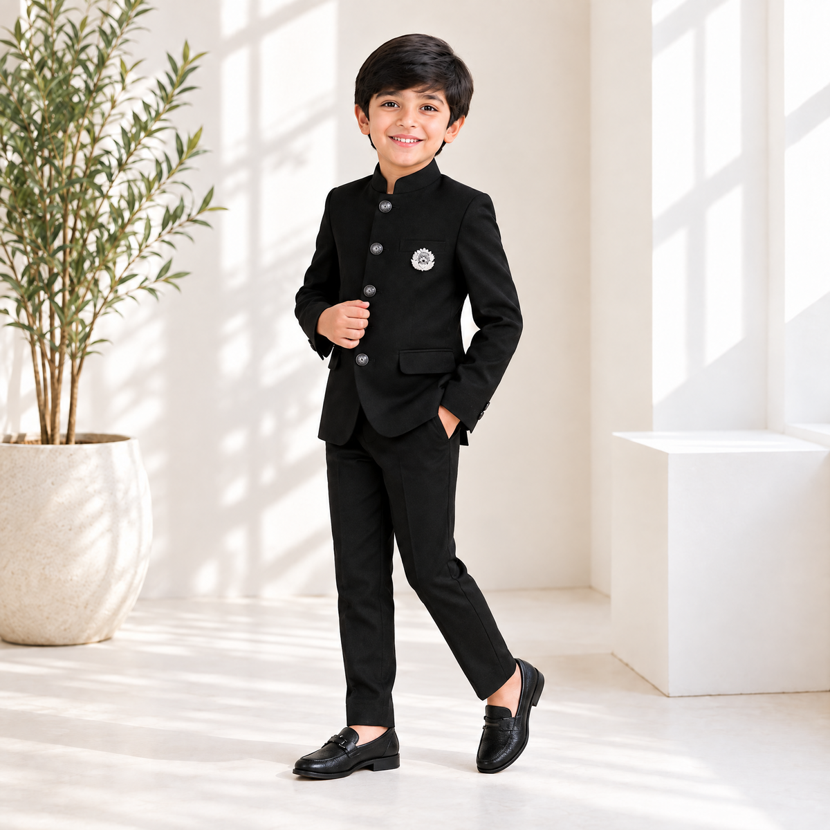 KARROM BOY-Boy's Black Indo-Western Party Wear Suit with Pocket Square