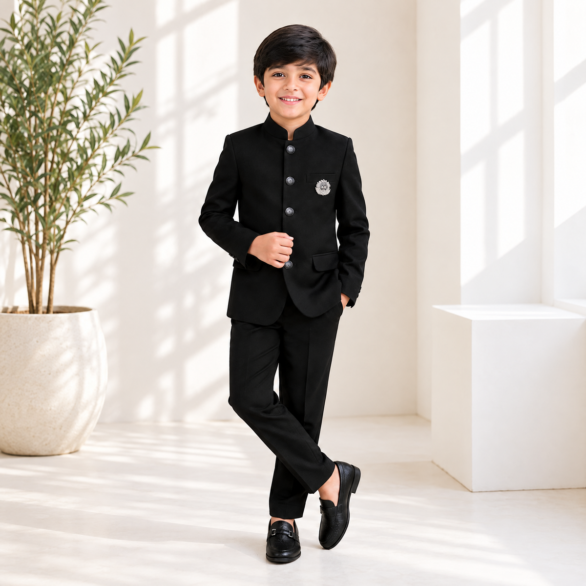 KARROM BOY-Boy's Black Indo-Western Party Wear Suit with Pocket Square