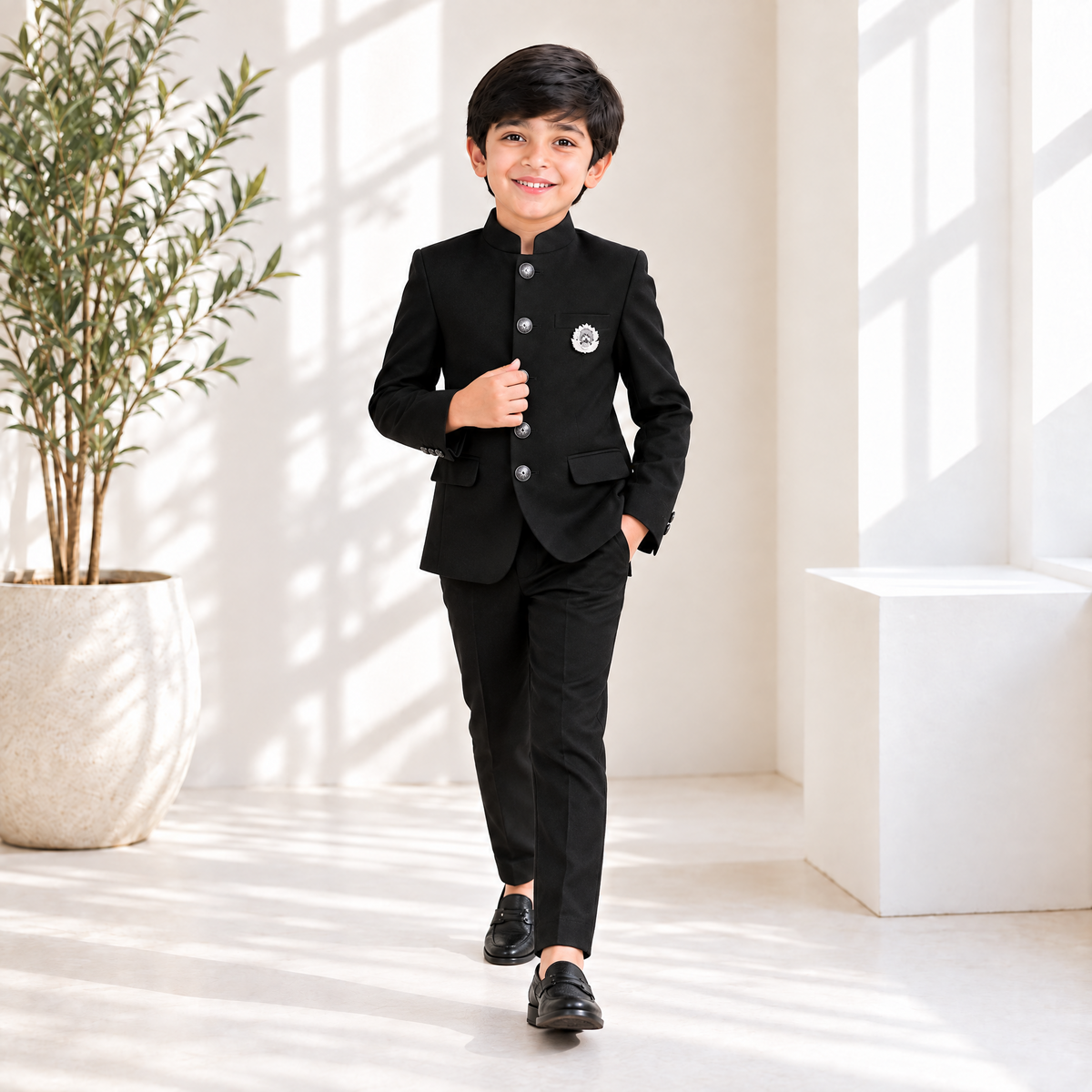 KARROM BOY-Boy's Black Indo-Western Party Wear Suit with Pocket Square