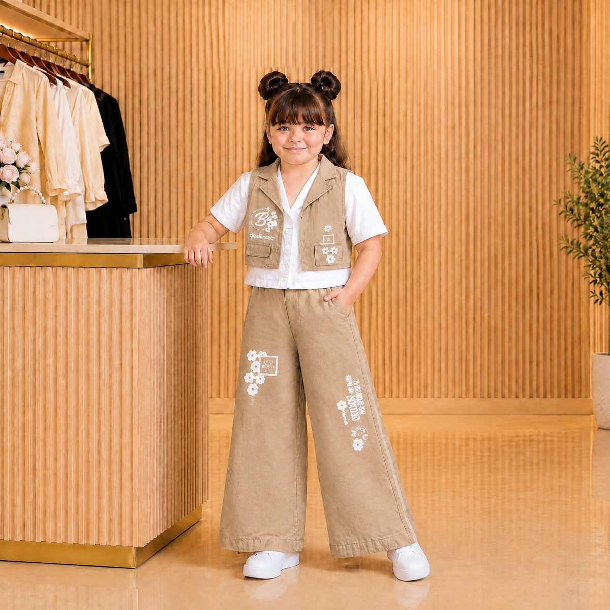 MINTGREEN-Girls Sage Green Floral Embroidered Vest & Pants Set