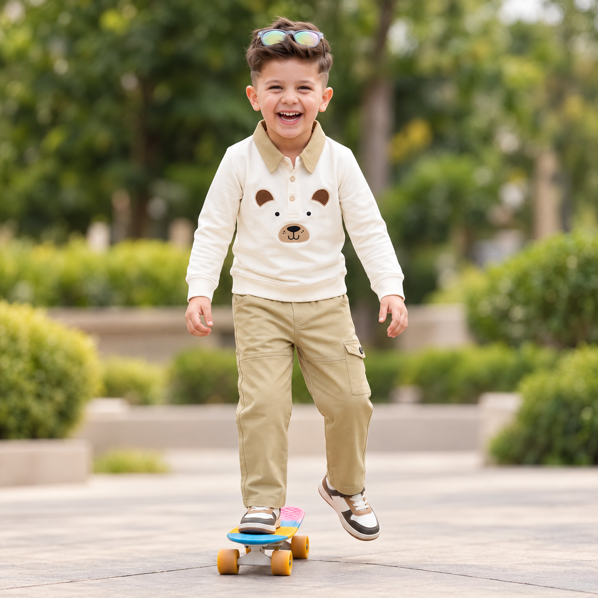 A-FIRST-Boy's Brown Full T-shirt & Beige Trouser Casual Set