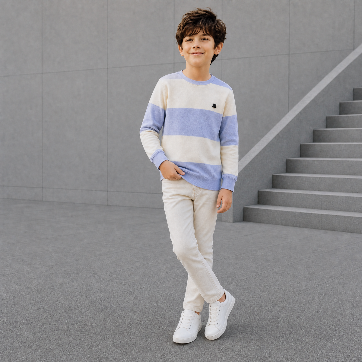 ORBIT-Boys Light Blue & White Striped Long Sleeve T-Shirt