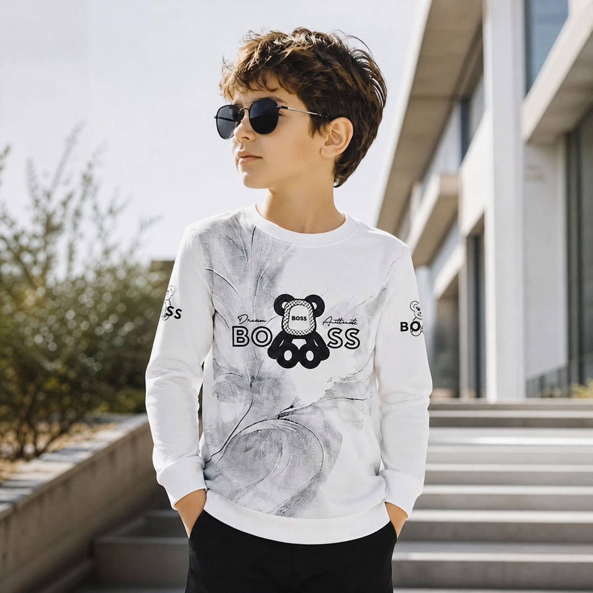 ORBIT-Boys' White Graphic Long-Sleeve Shirt