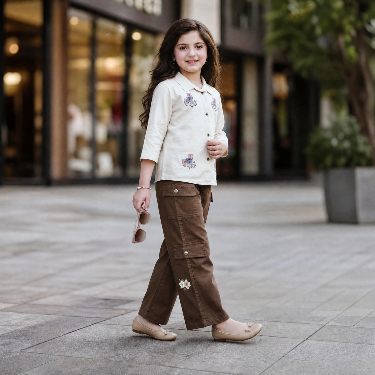 FIRST BABY-Girls Cream Button-Up & Brown Patch Cargo Pants Set