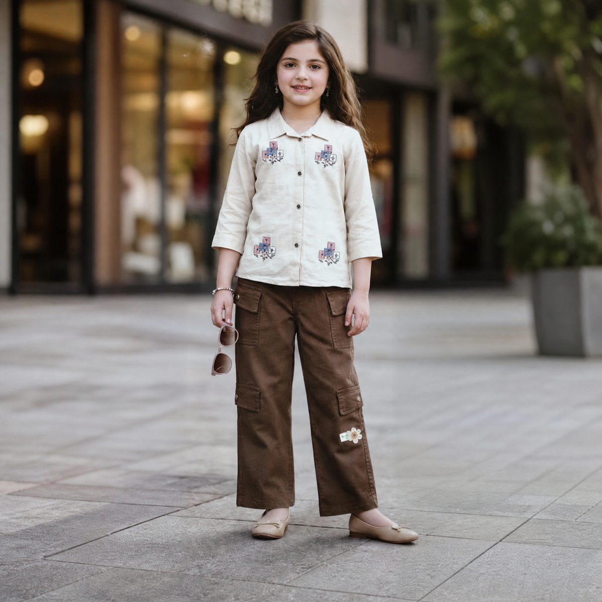 FIRST BABY-Girls Cream Button-Up & Brown Patch Cargo Pants Set