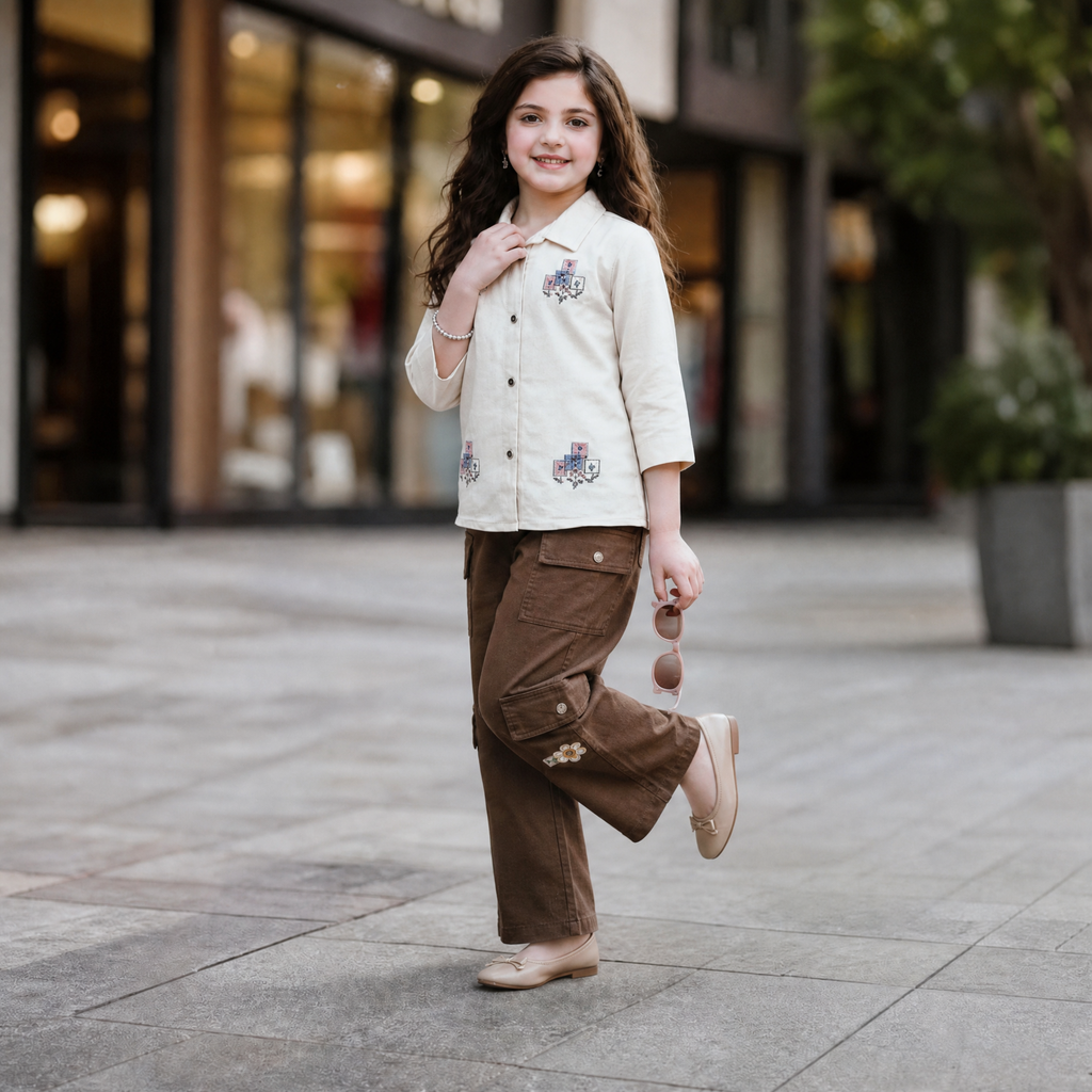 FIRST BABY-Girls Cream Button-Up & Brown Patch Cargo Pants Set