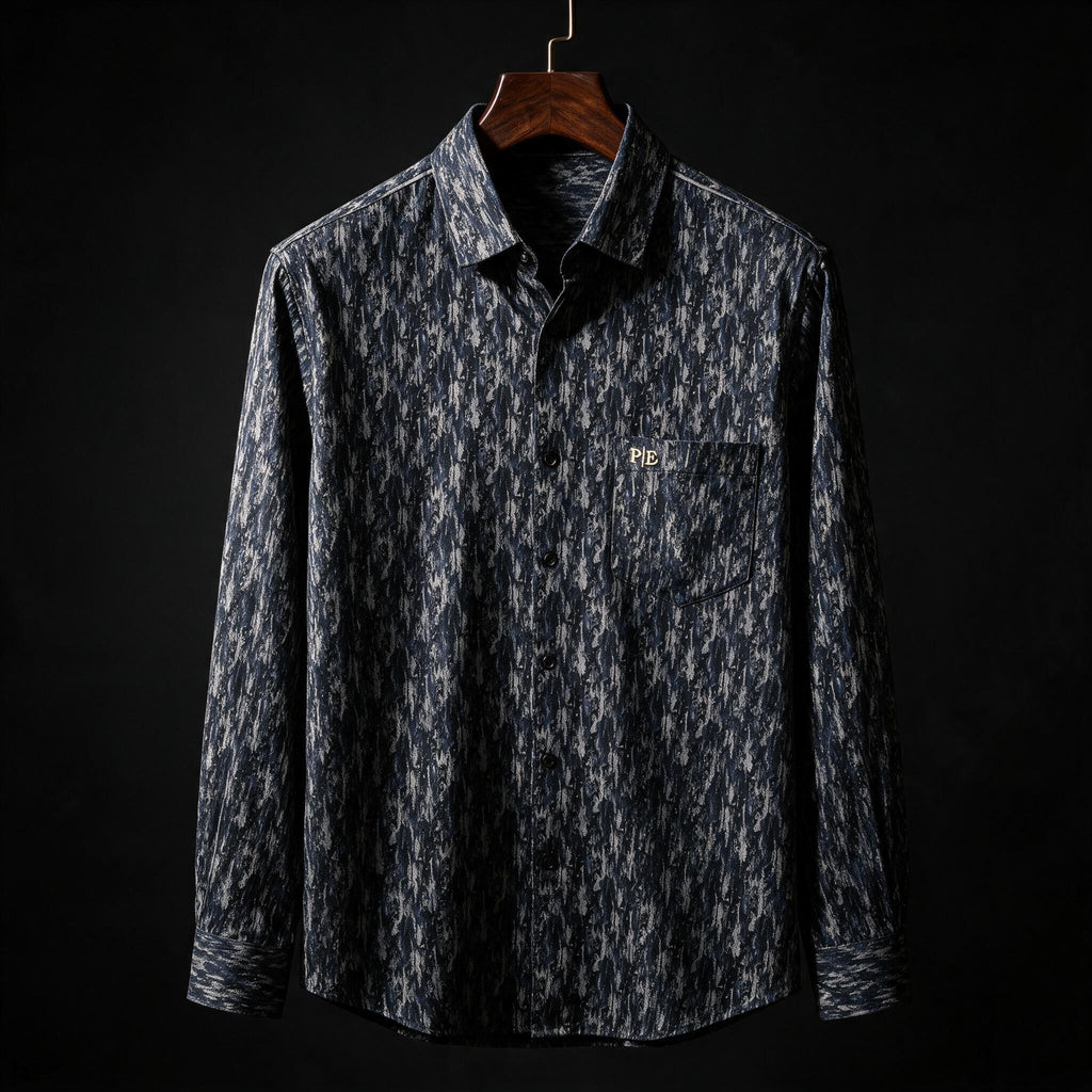 PRIME EXCHANGE-Premium Textured Patterned Shirt – Navy & Gray