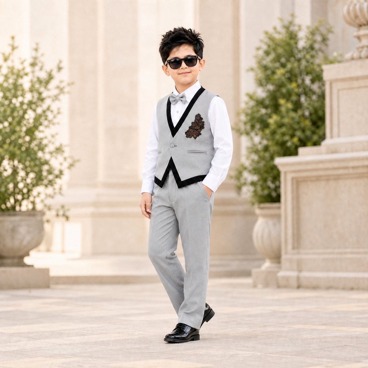KARROM BOY-Boy's Light Gray Party Suit Set with Patterned Vest