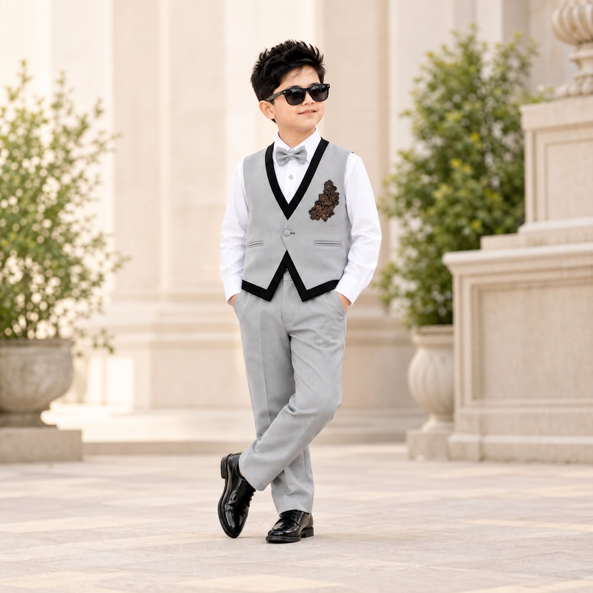 KARROM BOY-Boy's Light Gray Party Suit Set with Patterned Vest