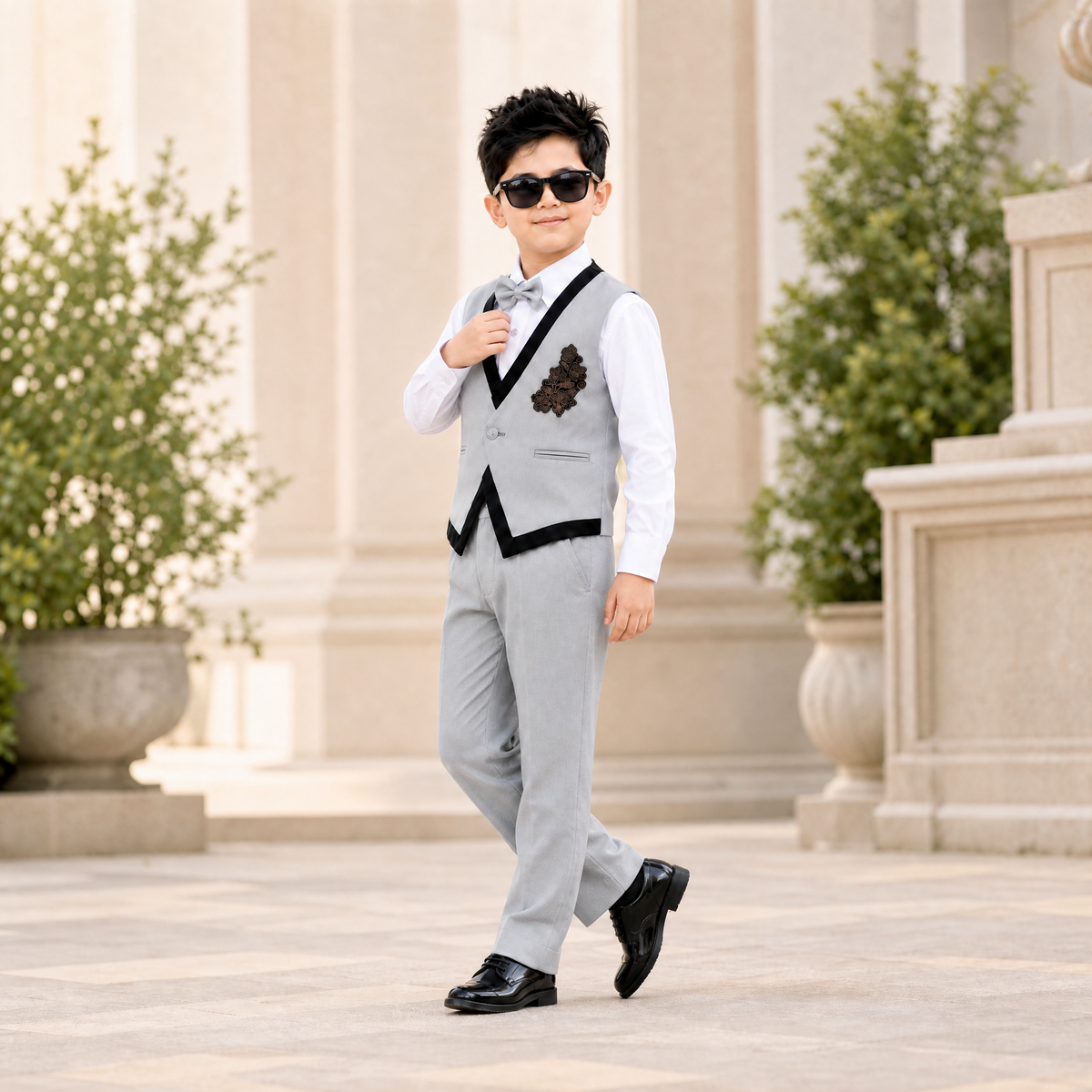KARROM BOY-Boy's Light Gray Party Suit Set with Patterned Vest