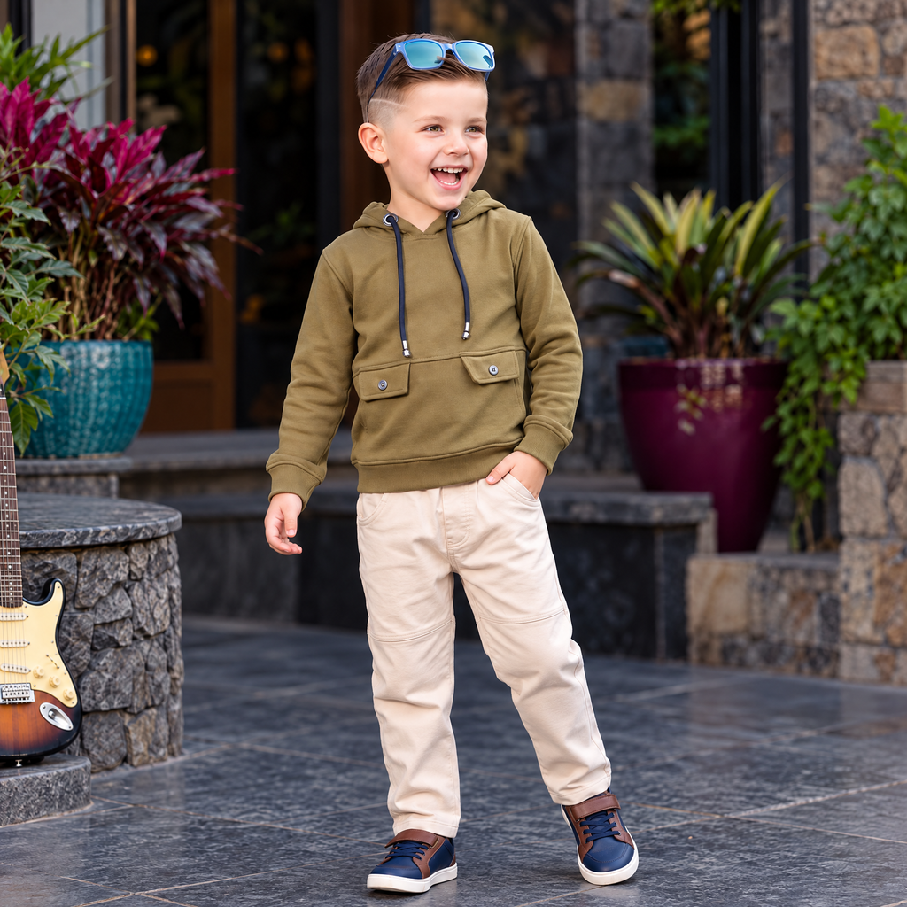 A-FIRST-Boy's Olive Green Hoodie & Trouser Casual Set