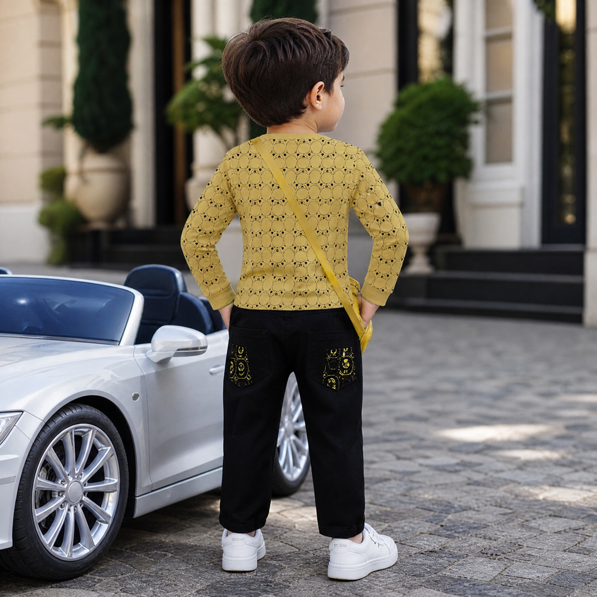 CHOO-CHOO-Kids Mustard Yellow Bear Top & Grey Trousers Co-Ord Set