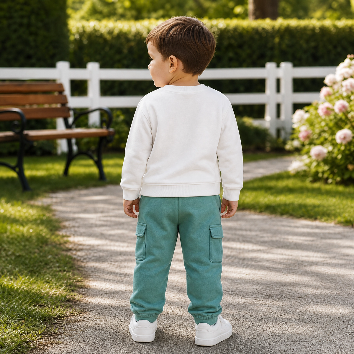 CHOO-CHOO-Kids White Printed Top & Teal Trousers Outfit Set
