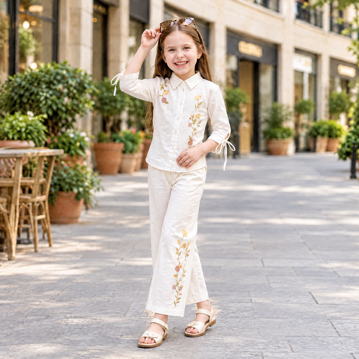LILLYBELL-Girls Off-White Embroidered Shirt & Trousers Set