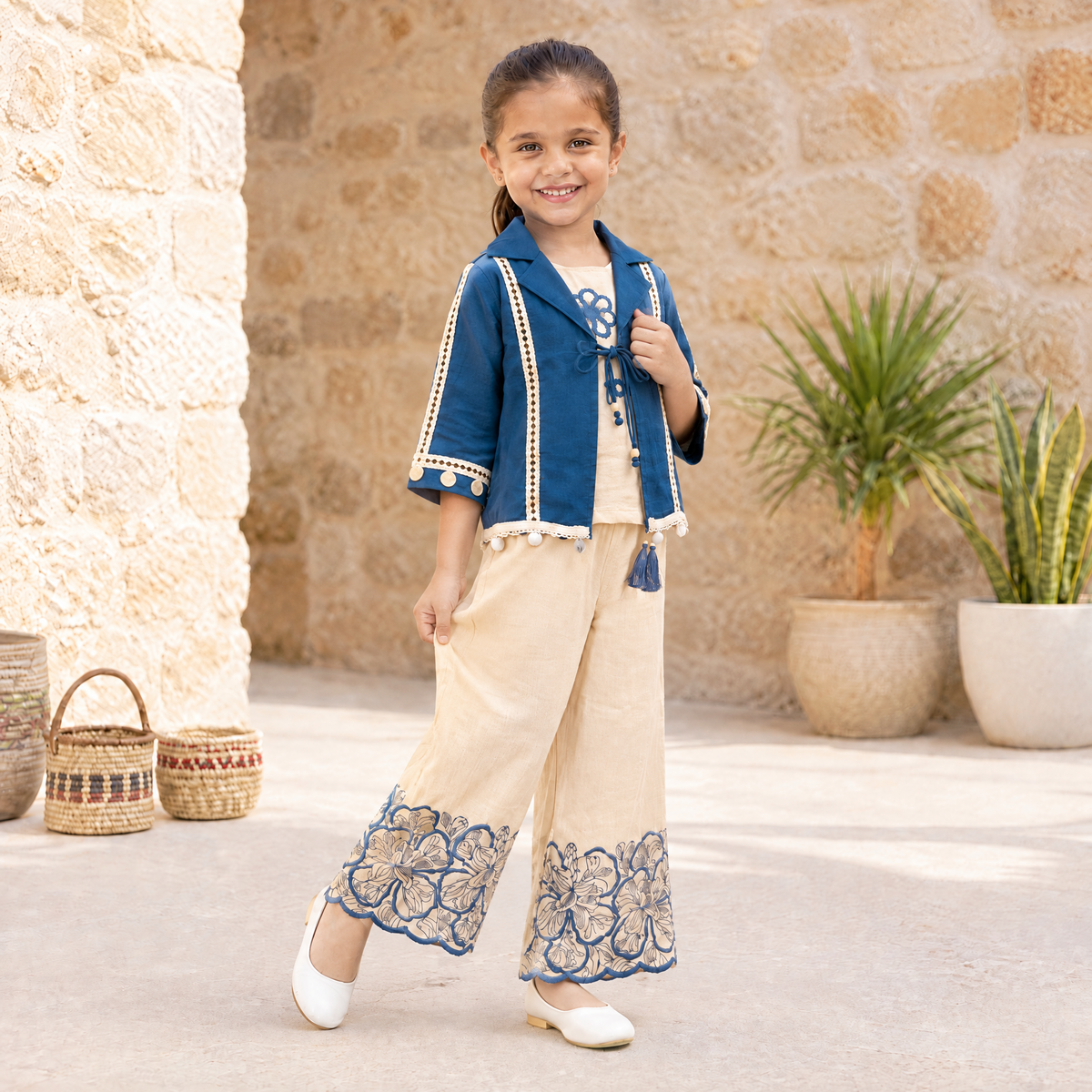 AIR RING-Kids Cream & Blue Printed Indo-Western Set