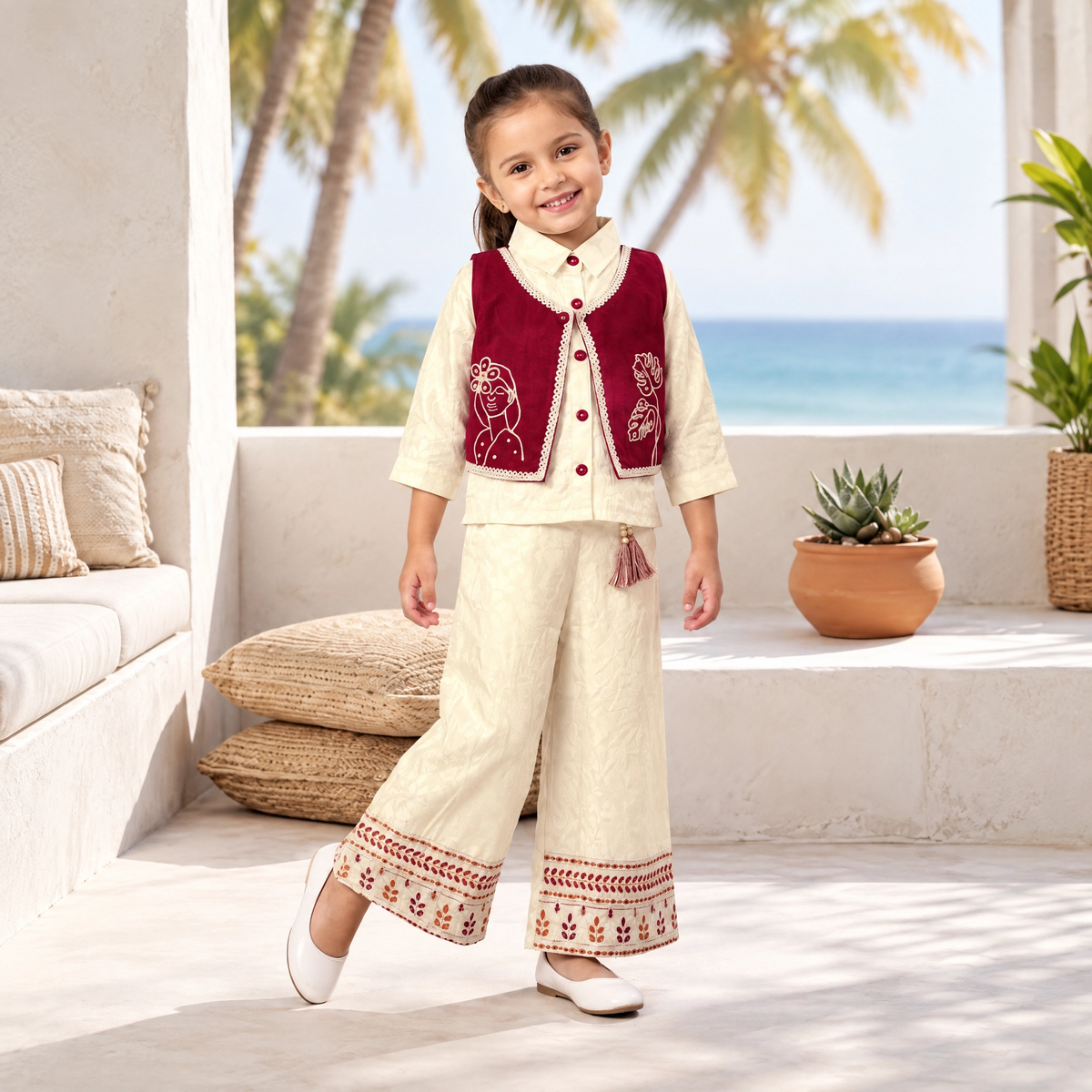 AIR RING-Girls Cream & Maroon Velvet Embroidered Set
