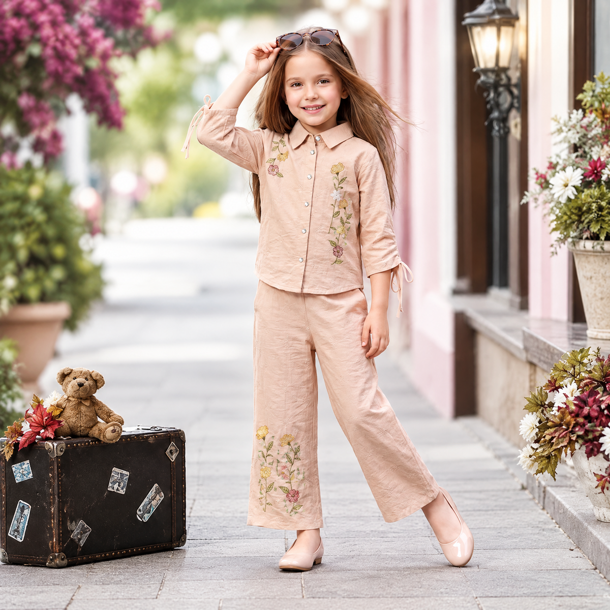 LILLYBELL-Girls Peach Floral Embroidered Jacket & Trouser Set