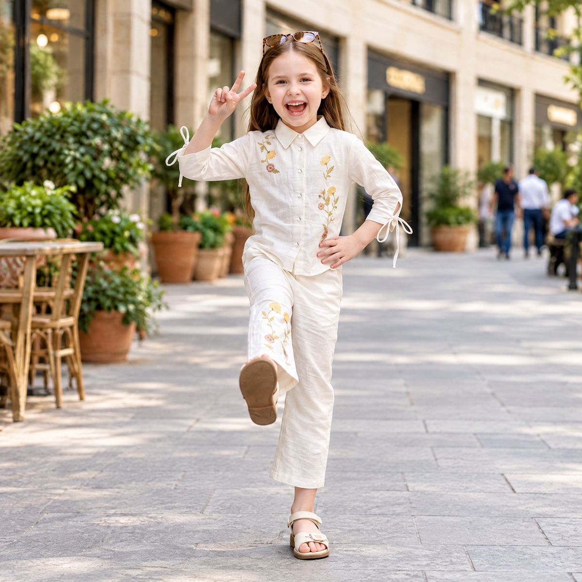 LILLYBELL-Girls Off-White Embroidered Shirt & Trousers Set