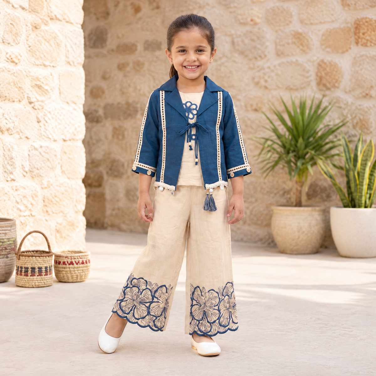 AIR RING-Kids Cream & Blue Printed Indo-Western Set