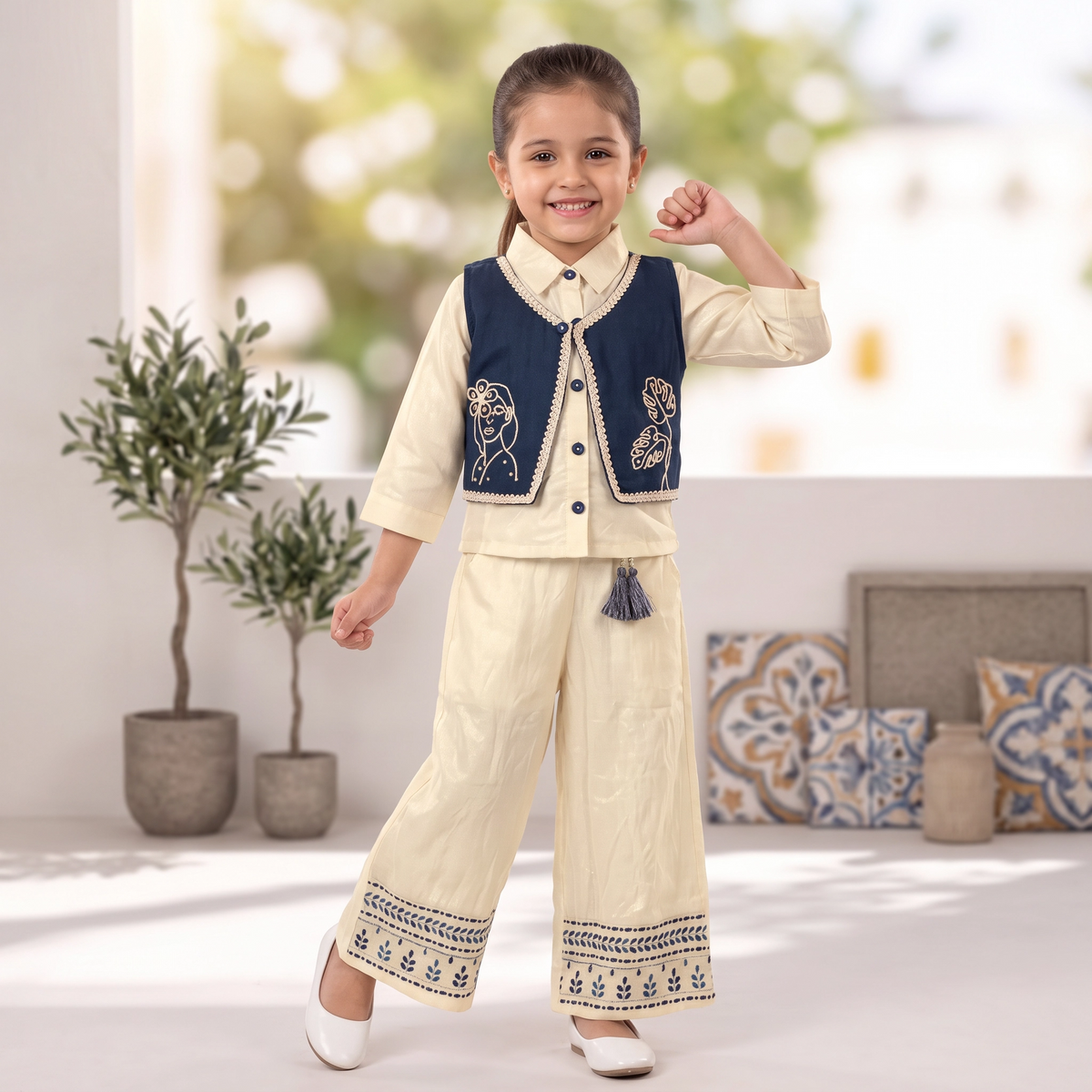 AIR RING-Kids Off-White Indo-Western Set with Embroidered Vest