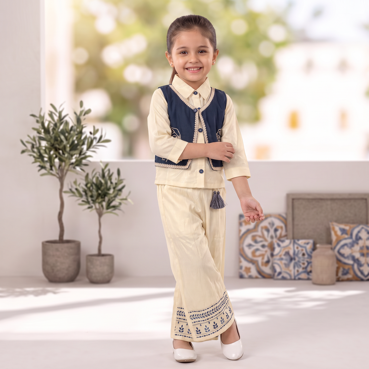 AIR RING-Kids Off-White Indo-Western Set with Embroidered Vest