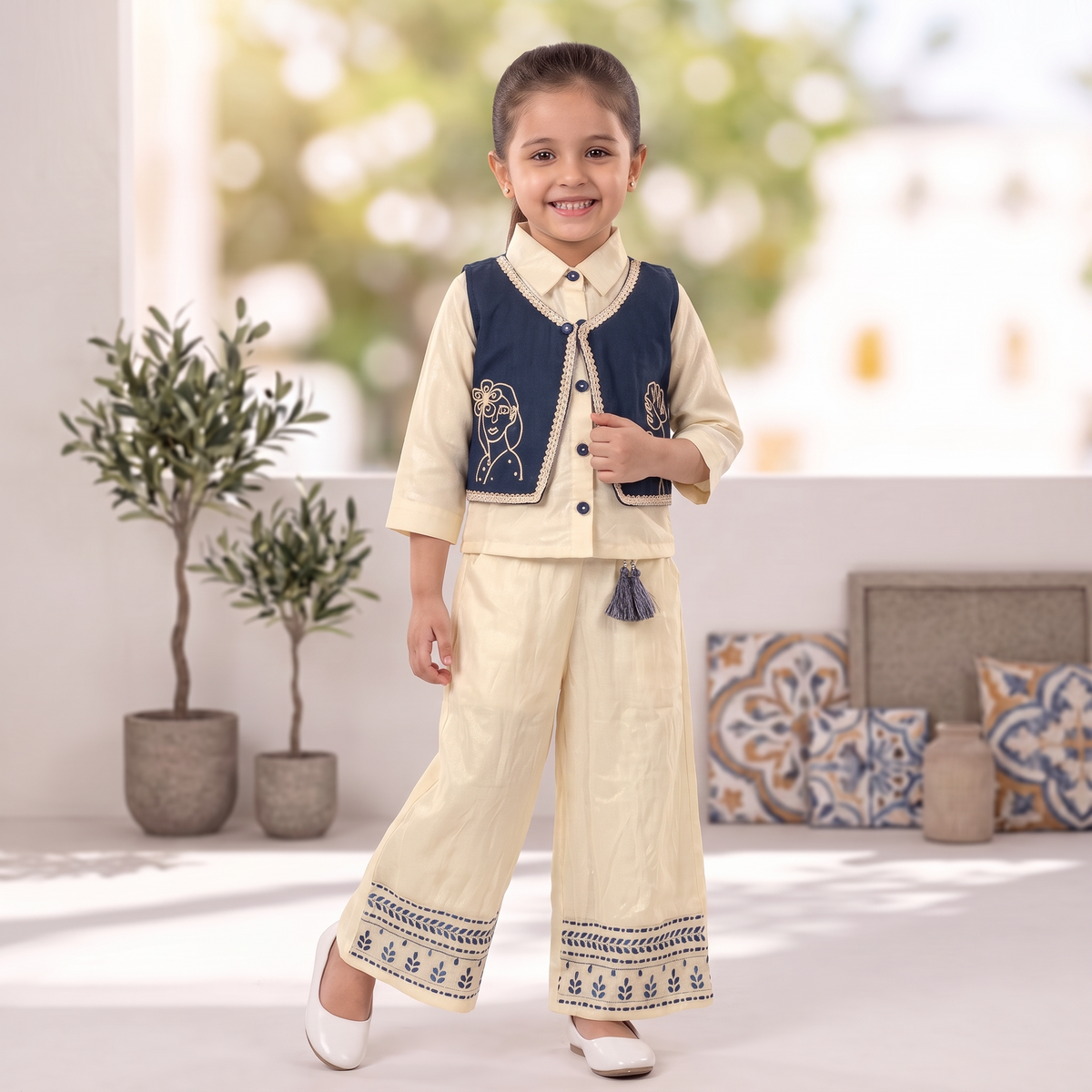 AIR RING-Kids Off-White Indo-Western Set with Embroidered Vest